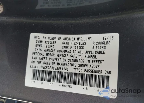 2016 Honda Accord Lx из США, поврежденный, VIN 1HGCR2F38GA084140